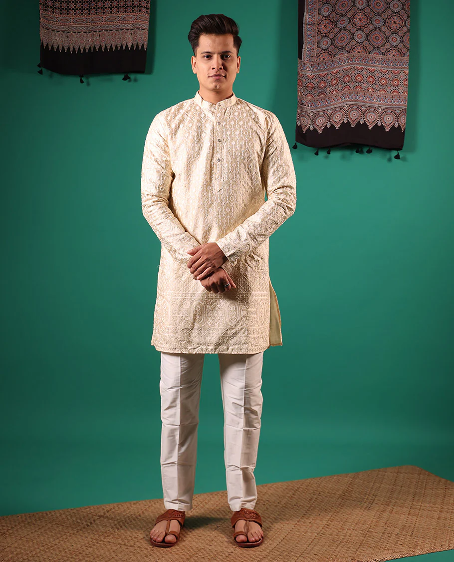 Cream Mughal style Arches thread embroidered full-sleeved men's kurta - Image 2