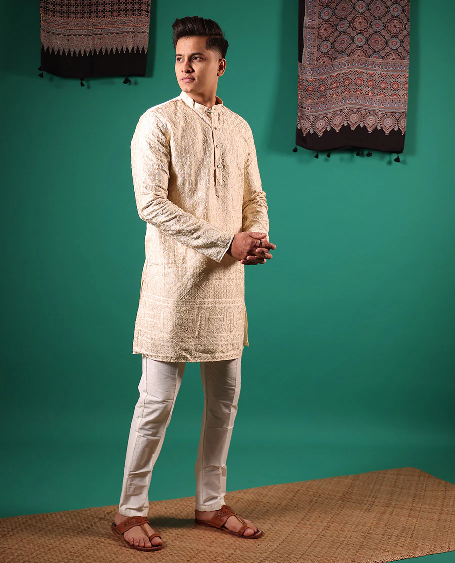 Cream Mughal style Arches thread embroidered full-sleeved men's kurta - Image 3