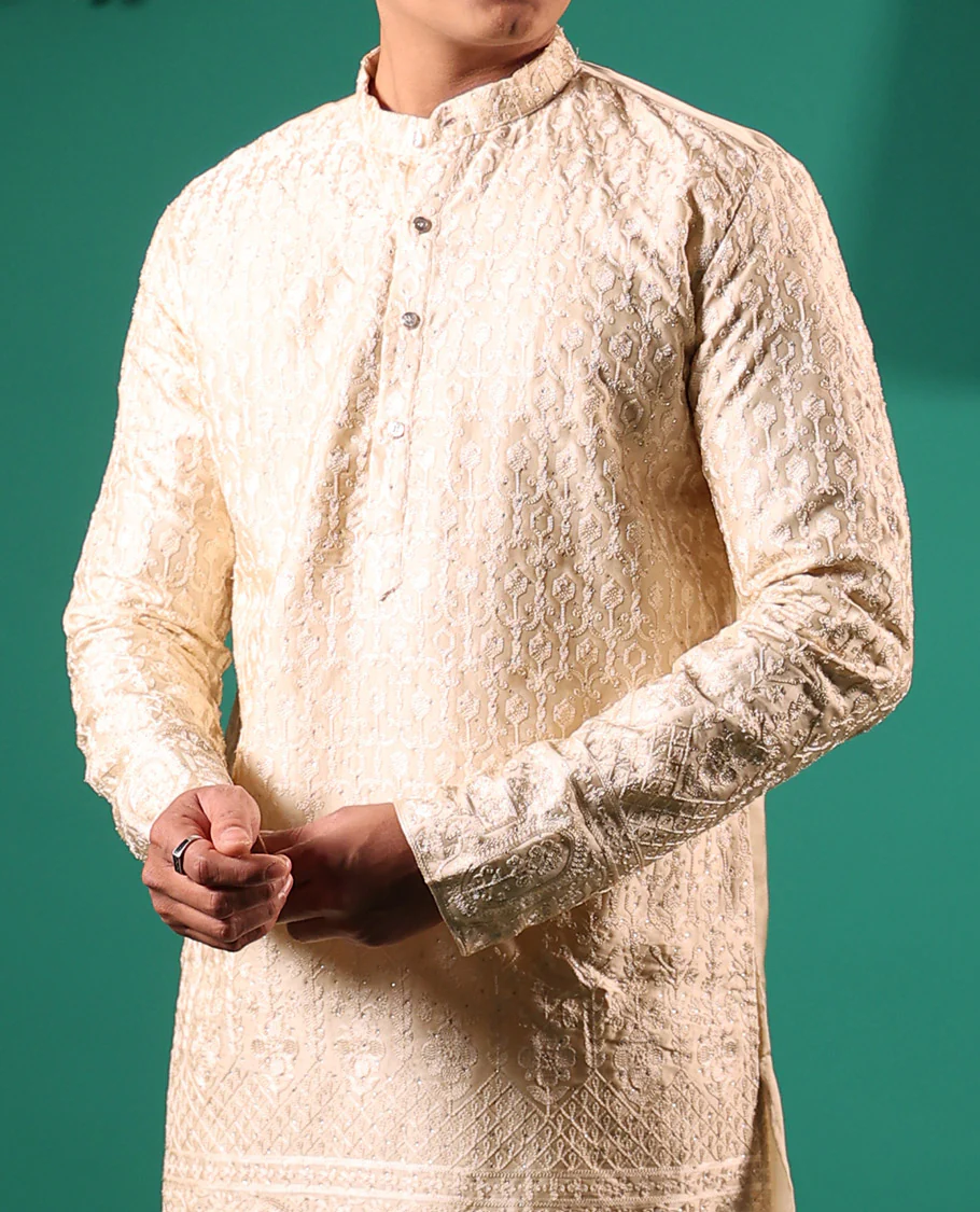 Cream Mughal style Arches thread embroidered full-sleeved men's kurta - Image 4