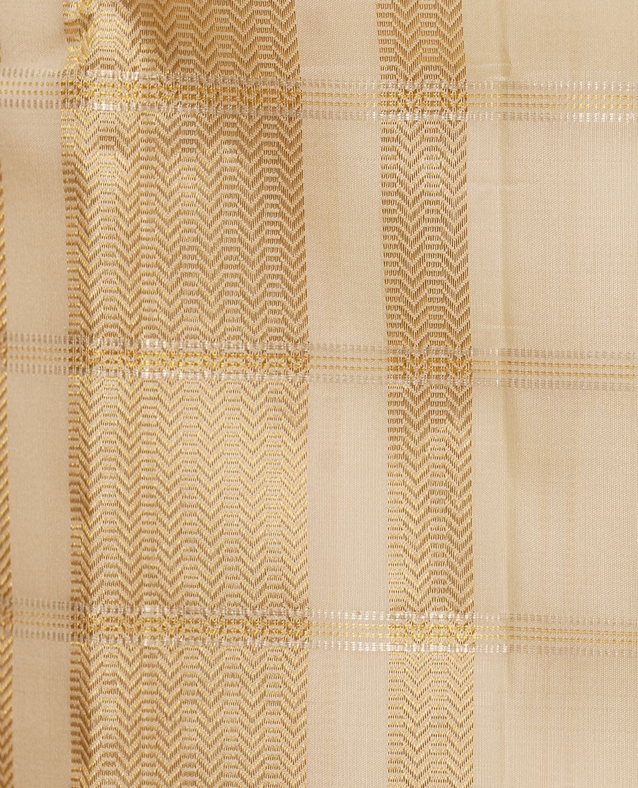 Cream Muthu zari checked pure silk double-layered dhoti with zari border of rekku, banaras, kuyil kann & ara maadam - Image 4