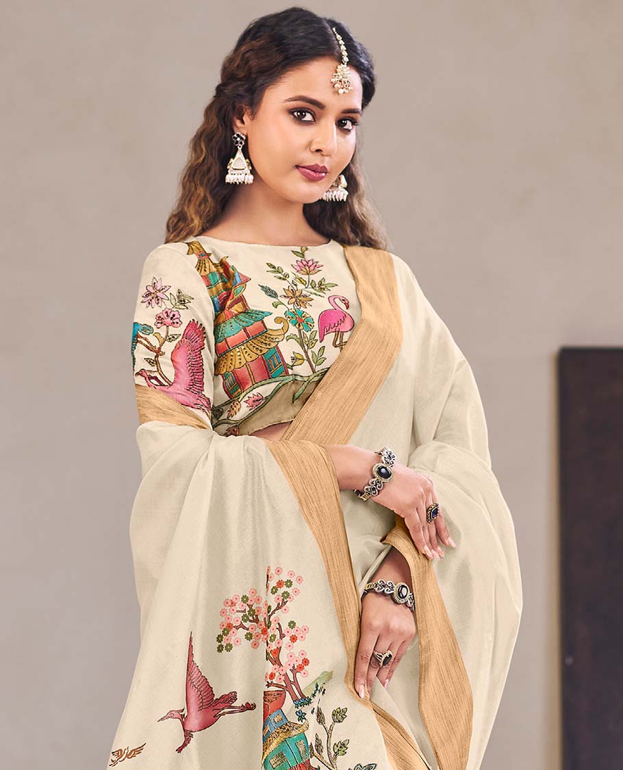 Cream nature theme printed designer catalog saree, bavanji border, and printed pallu of flora, fauna, and buildings - Image 2