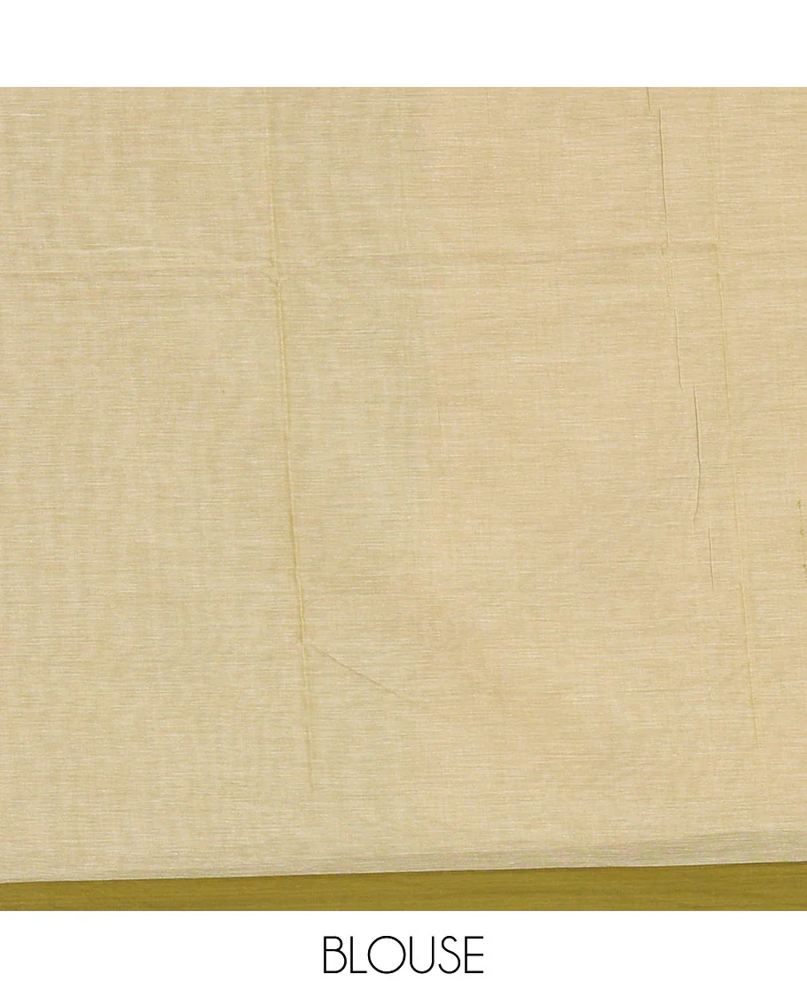 Cream-olive green plain mercerised cotton saree,contrast plain border, striped pallu, and a contrast plain blouse - Image 4