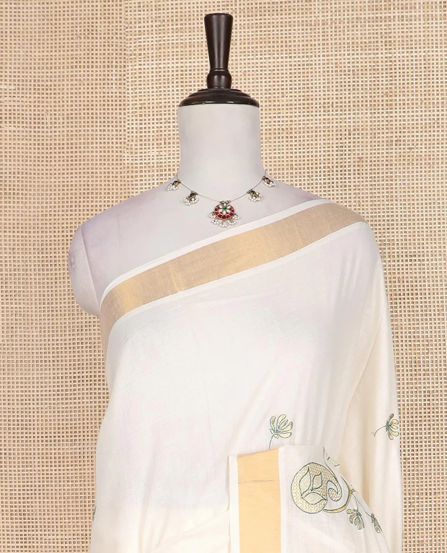Cream paisley embroidered Kerala cotton saree, zari border, and paisley embroidered pallu - Image 3
