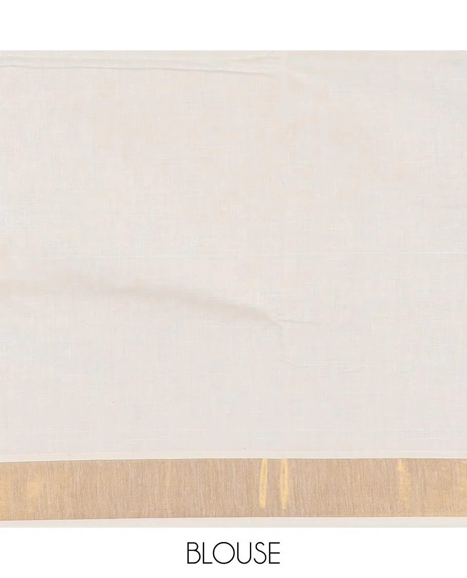 Cream paisley embroidered Kerala cotton saree, zari border, and paisley embroidered pallu - Image 4