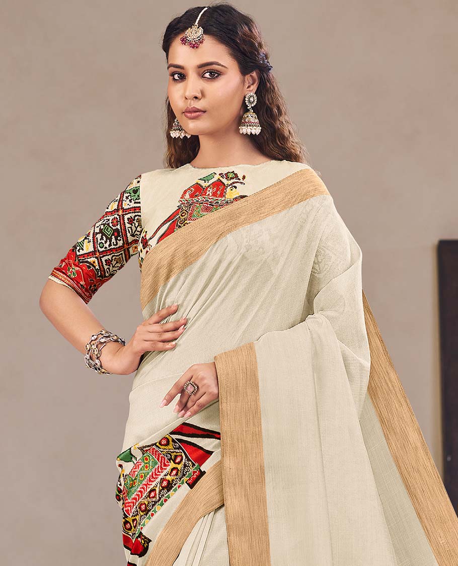 Cream patola-style intricately printed designer catalog saree, bavanji border, and patola printed pallu - Image 2