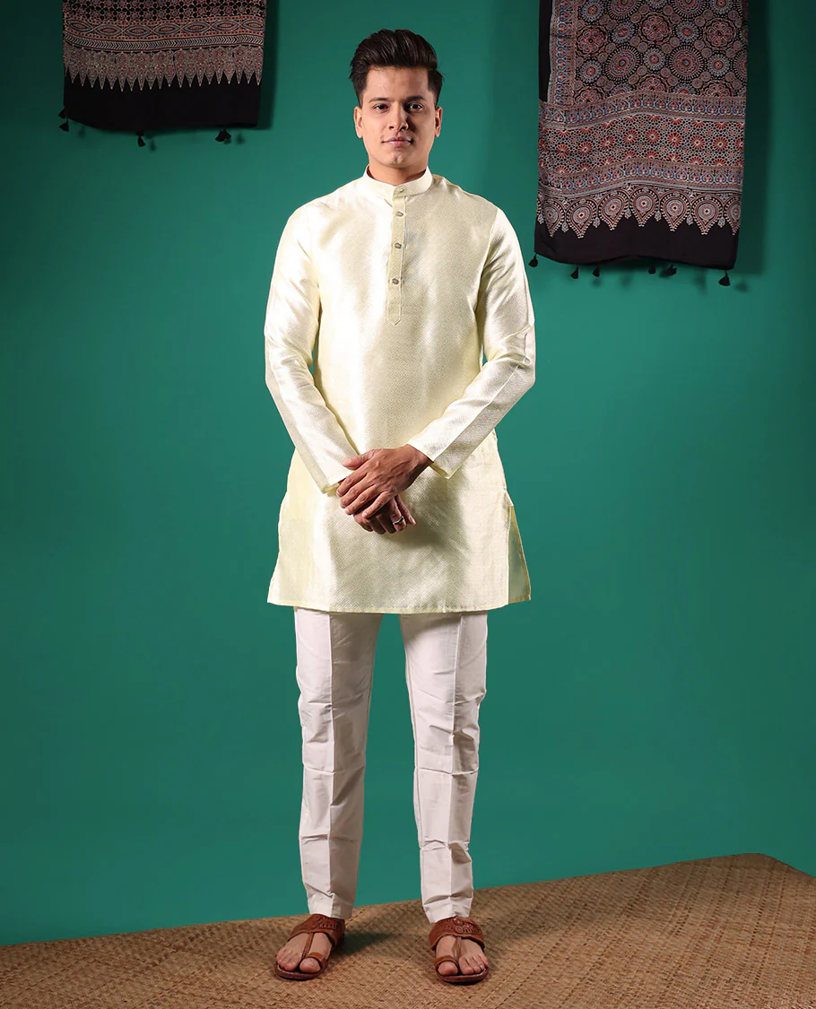 Cream peacock eye style diamond pattern embossed full-sleeved men's kurta - Image 2