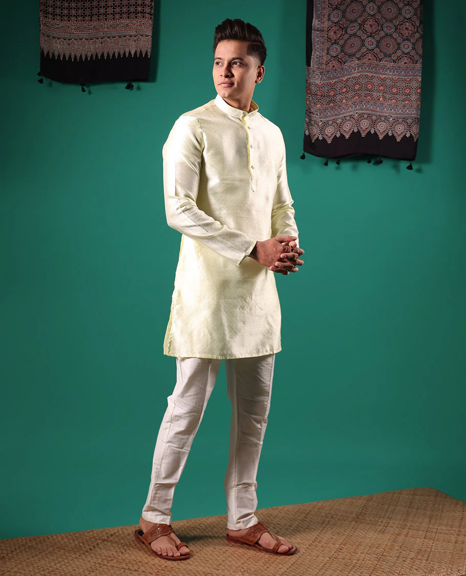 Cream peacock eye style diamond pattern embossed full-sleeved men's kurta - Image 3