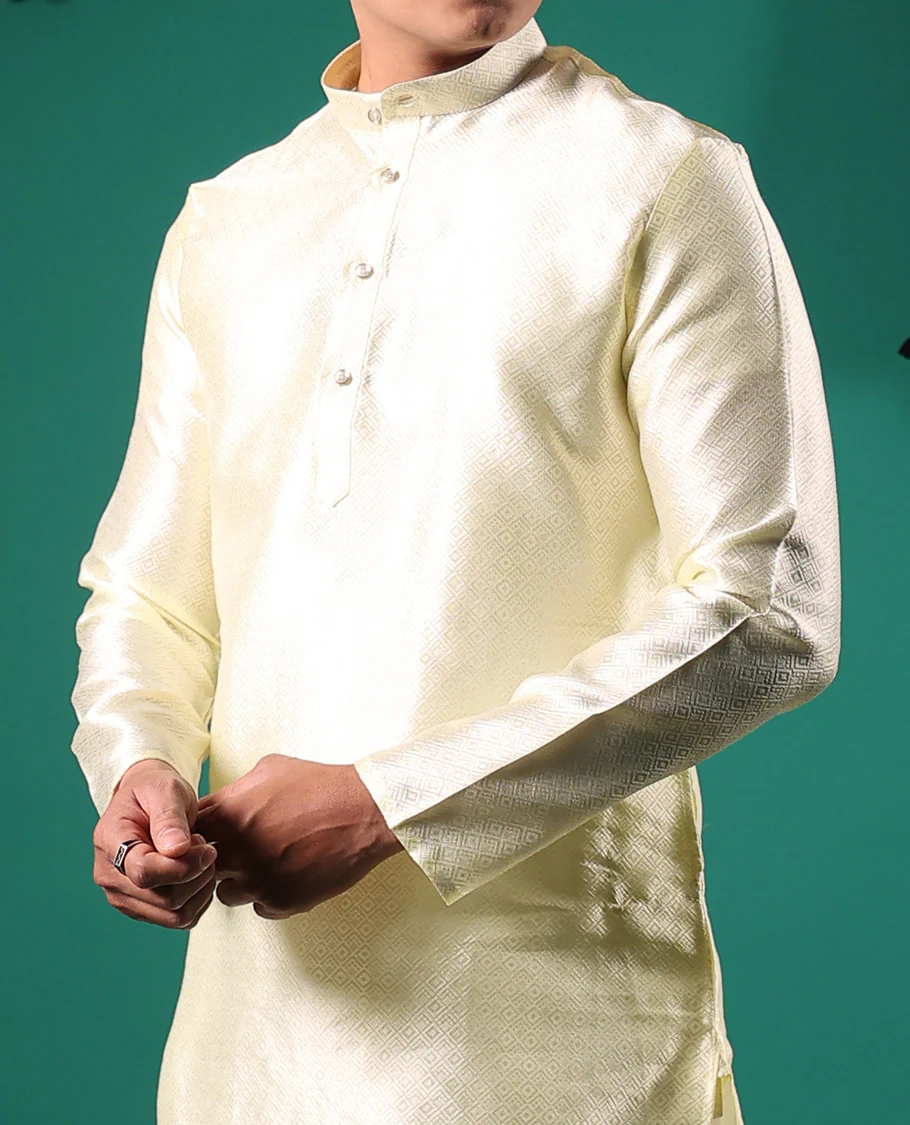 Cream peacock eye style diamond pattern embossed full-sleeved men's kurta - Image 4