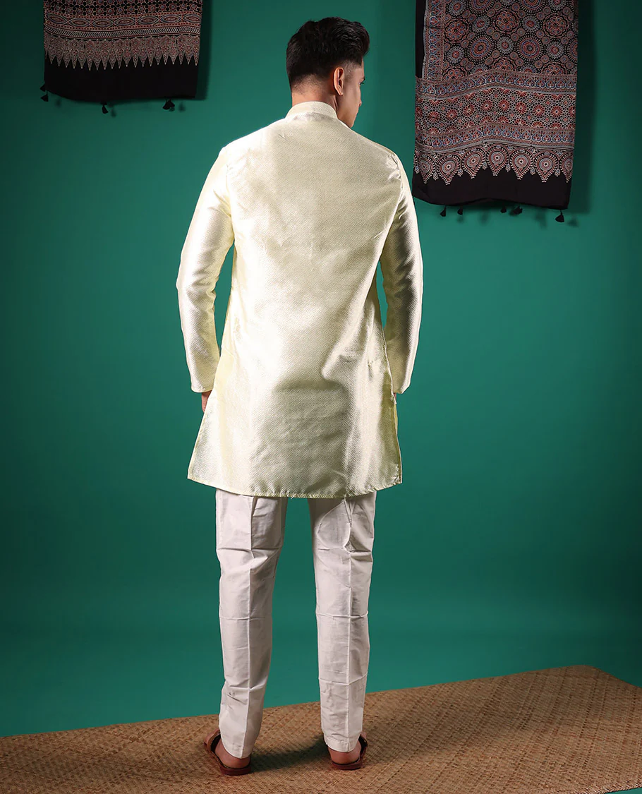 Cream peacock eye style diamond pattern embossed full-sleeved men's kurta - Image 5