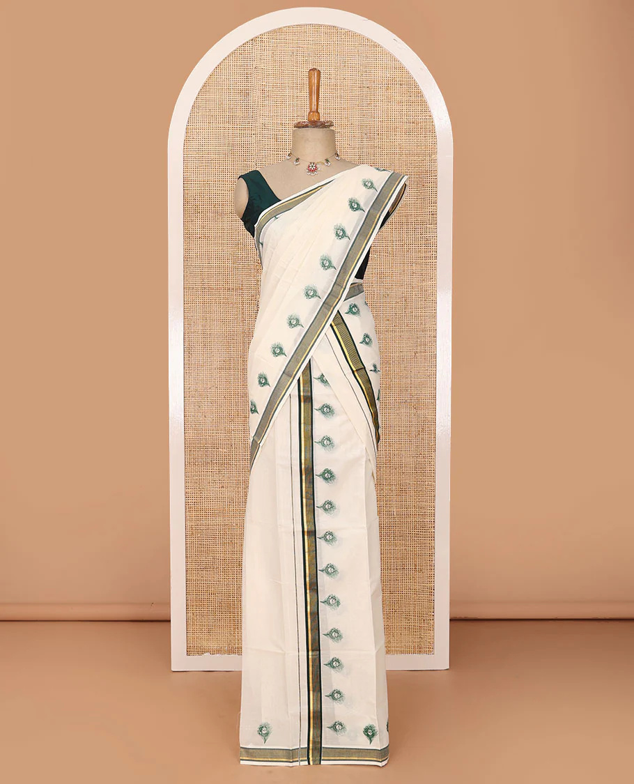 Cream peacock feather motifs printed Kerala mundu set with contrast striped border