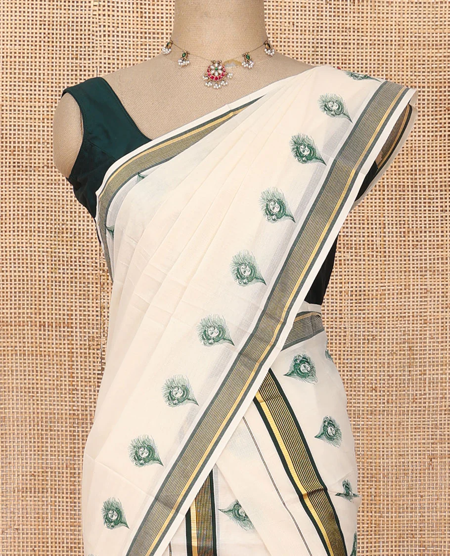 Cream peacock feather motifs printed Kerala mundu set with contrast striped border - Image 2