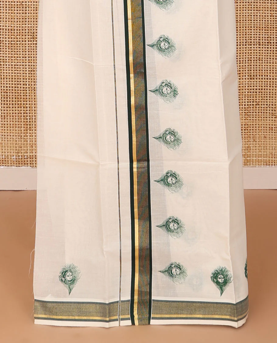 Cream peacock feather motifs printed Kerala mundu set with contrast striped border - Image 3