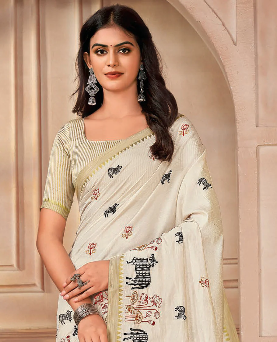 Cream Pichwai cow buttas and lotus motifs embroidered designer saree, temple border, and pallu of stripes - Image 2