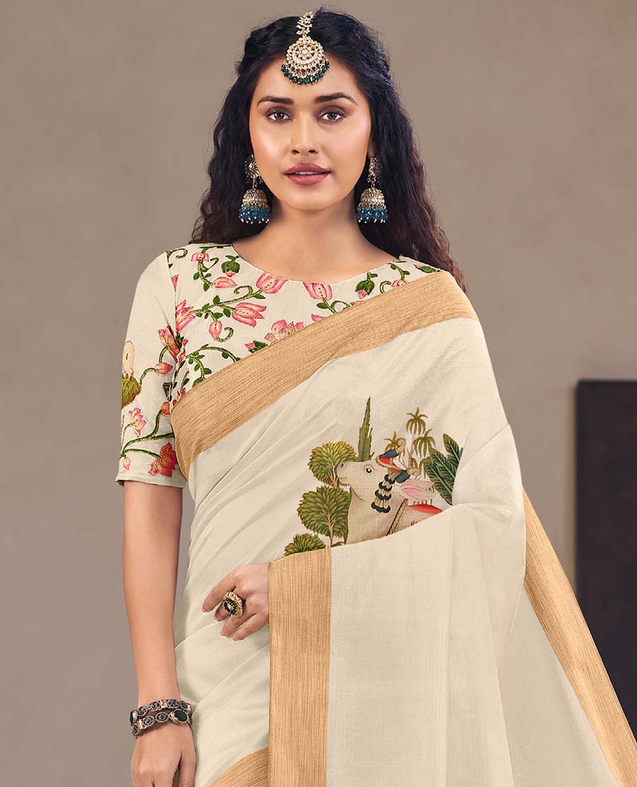 Cream pichwai cow printed designer catalog saree, bavanji border, and painting style pichwai cow and human motifs printed pallu - Image 2