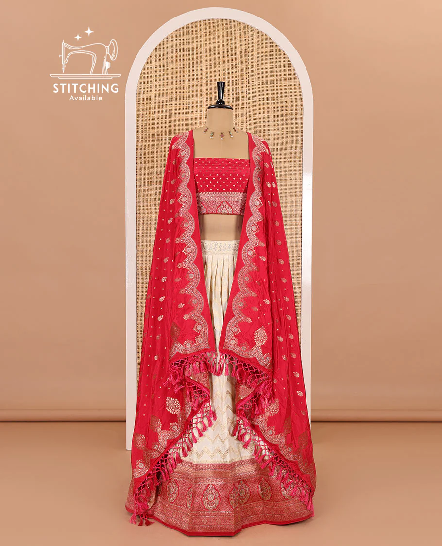 Cream-pink chiniya crepe half-saree, chevron zari jacquard with contrast intricate patterned stone work bordered skirt, contrast blouse, and a scallop bordered intricate dhavani - Image 2