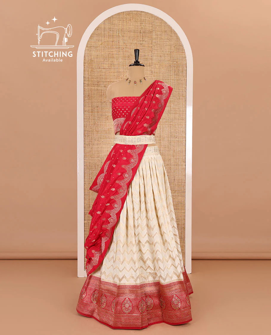 Cream-pink chiniya crepe half-saree, chevron zari jacquard with contrast intricate patterned stone work bordered skirt, contrast blouse, and a scallop bordered intricate dhavani - Image 3