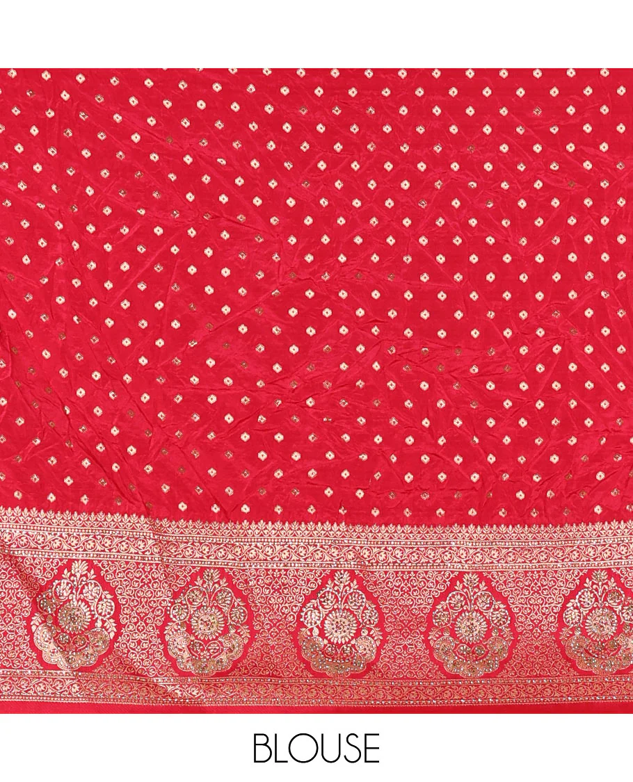 Cream-pink chiniya crepe half-saree, chevron zari jacquard with contrast intricate patterned stone work bordered skirt, contrast blouse, and a scallop bordered intricate dhavani - Image 4