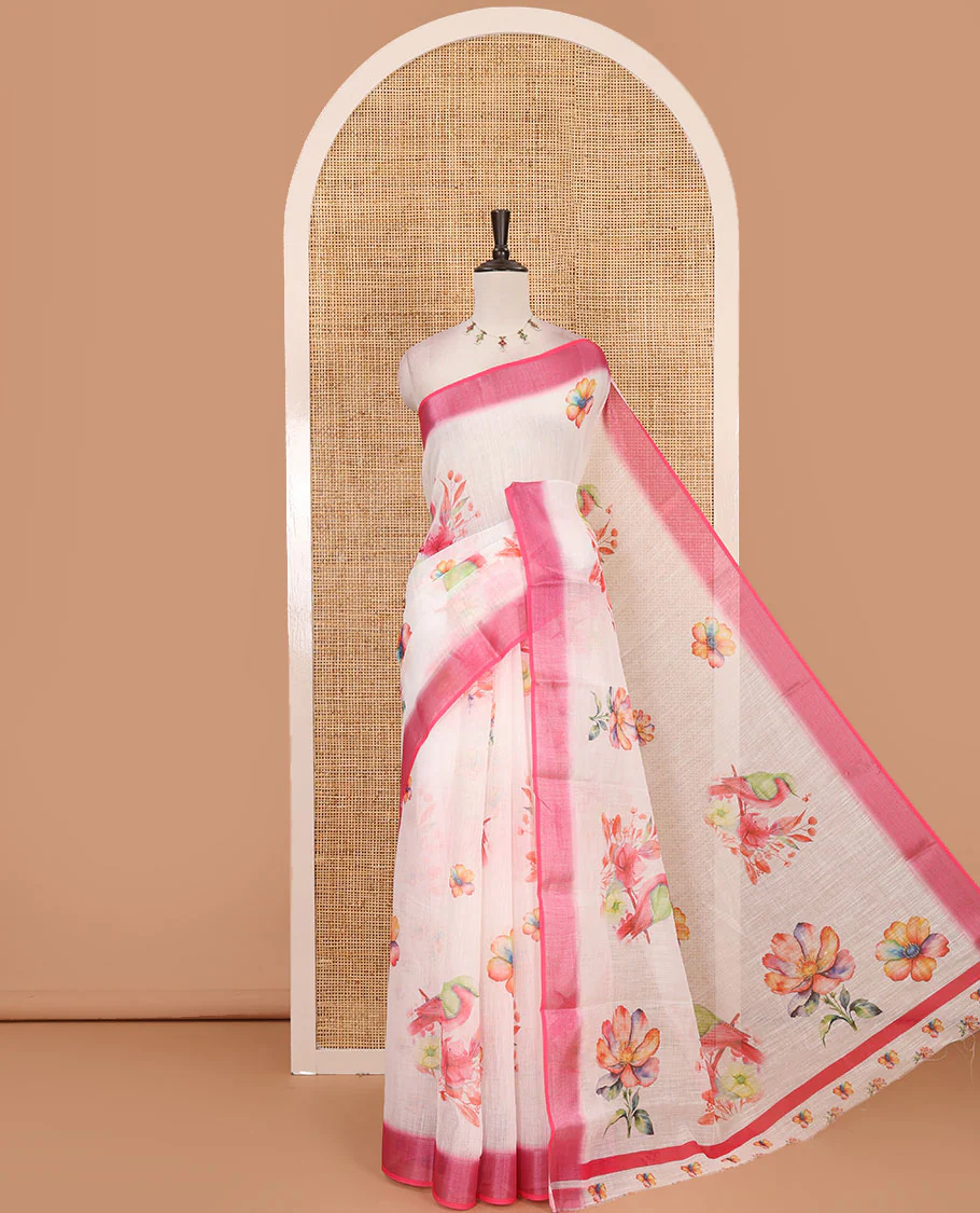 Cream-pink floral & sparrow printed linen saree, contrast zari border & floral motifs printed blouse