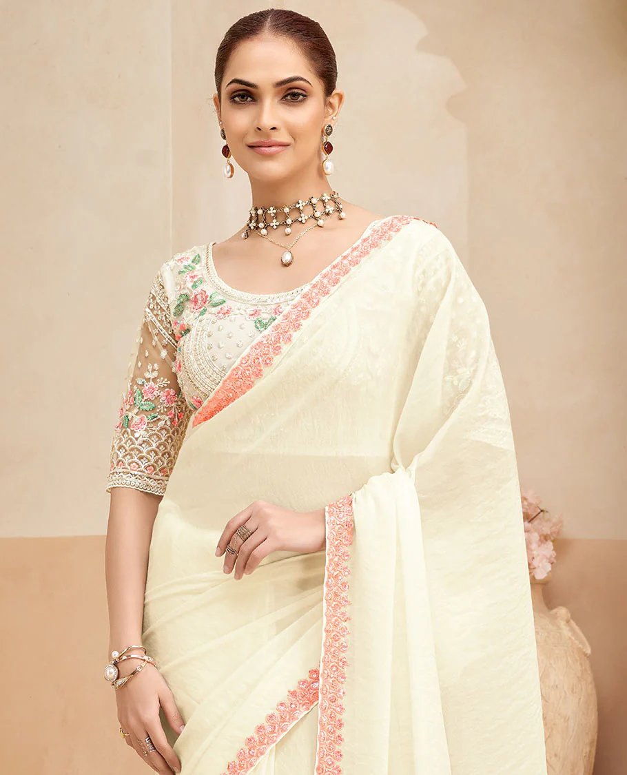 Cream plain designer saree, scallop thread embroidered border - Image 2
