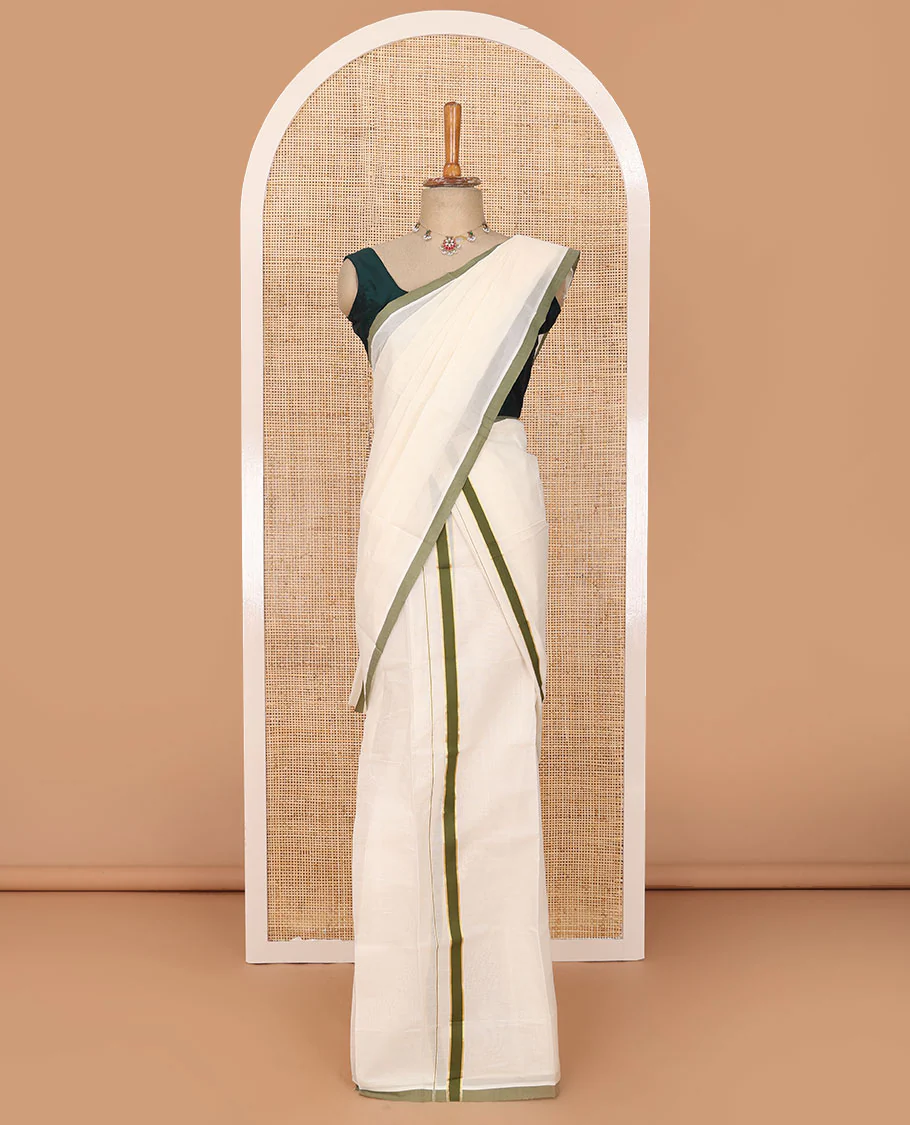 Cream plain Kerala mundu set with contrast olive green border