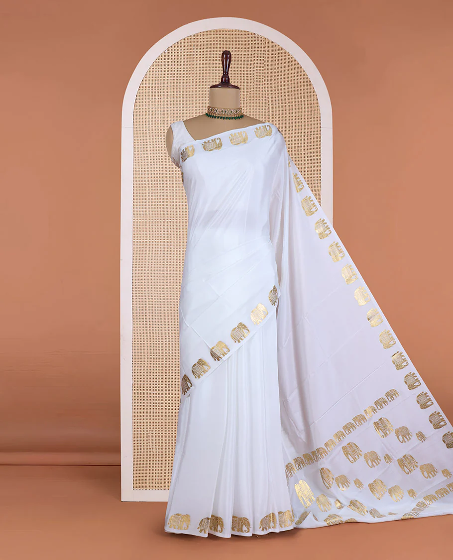 Cream plain Mysore silk saree, zari border of elephant motifs, and pallu steeped with elephant motifs - Image 2