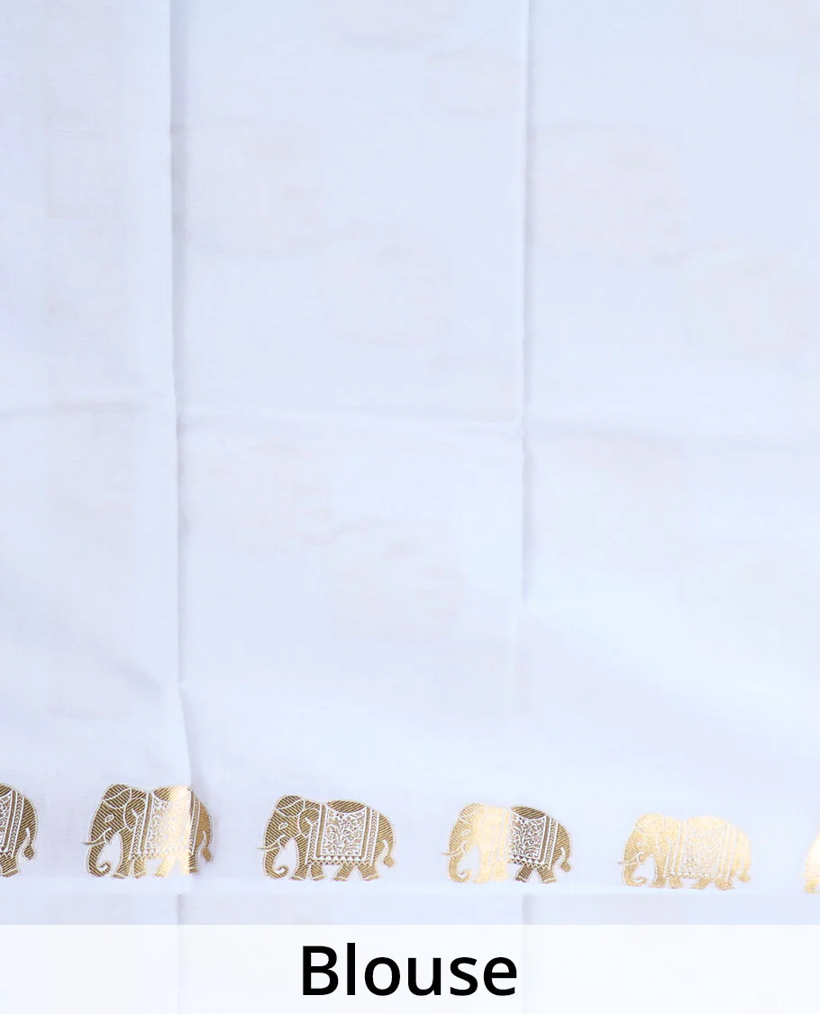 Cream plain Mysore silk saree, zari border of elephant motifs, and pallu steeped with elephant motifs - Image 5