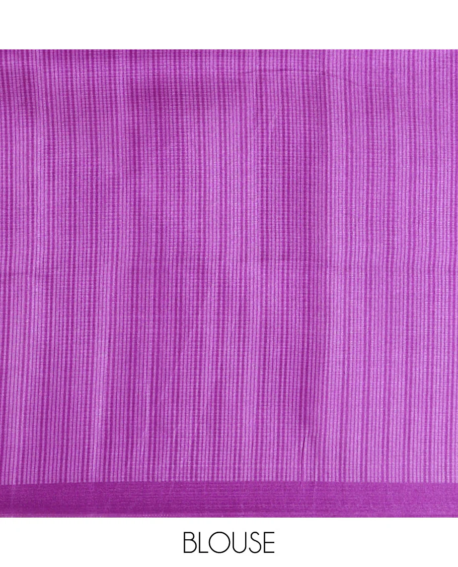 Cream polka dot printed khadi cotton saree, contrast piping border with stripes print, striped printed pallu & purple stripes printed blouse - Image 4
