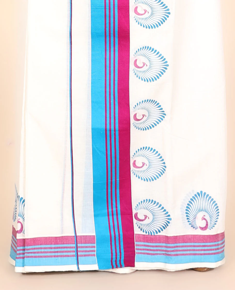 Cream-printed kerala mundu set with peacock designs, contrast striped border - Image 3