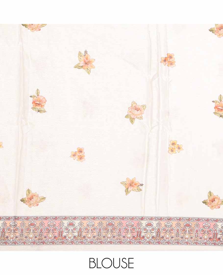 Cream printed, mirror work synon silk saree with printed border, mirror work & printed pallu along with printed blouse - Image 4