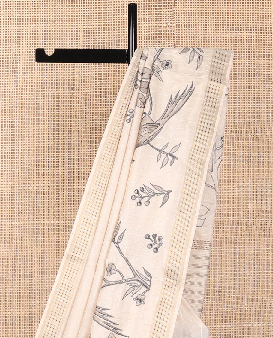Cream printed tussar saree mirrors the bird on the floral branches design, has a zari border & zari striped pallu - Image 3