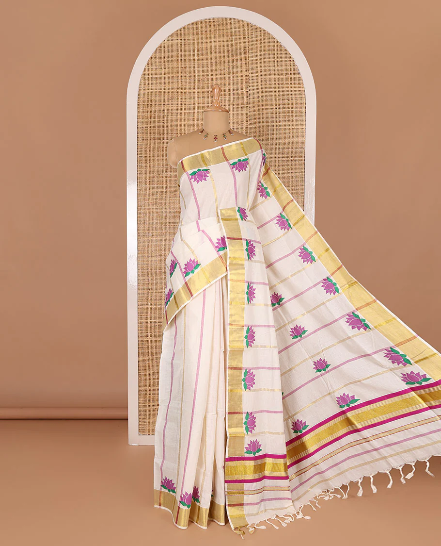 Cream-purple striped and Pichwai lotus motifs printed Kerala cotton saree, gold zari striped border, and a matching blouse