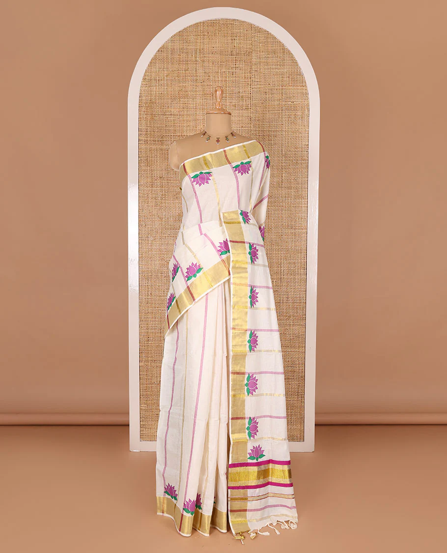 Cream-purple striped and Pichwai lotus motifs printed Kerala cotton saree, gold zari striped border, and a matching blouse - Image 2
