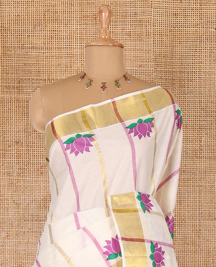 Cream-purple striped and Pichwai lotus motifs printed Kerala cotton saree, gold zari striped border, and a matching blouse - Image 3