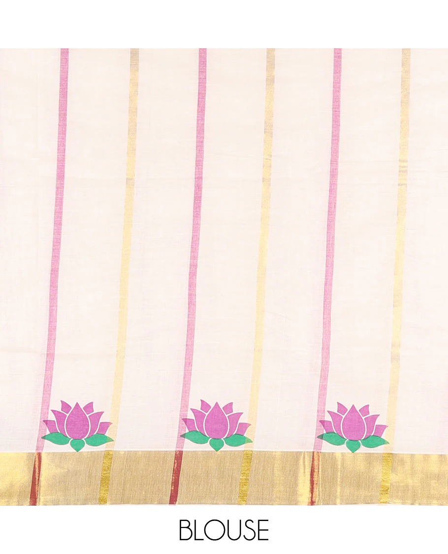 Cream-purple striped and Pichwai lotus motifs printed Kerala cotton saree, gold zari striped border, and a matching blouse - Image 4
