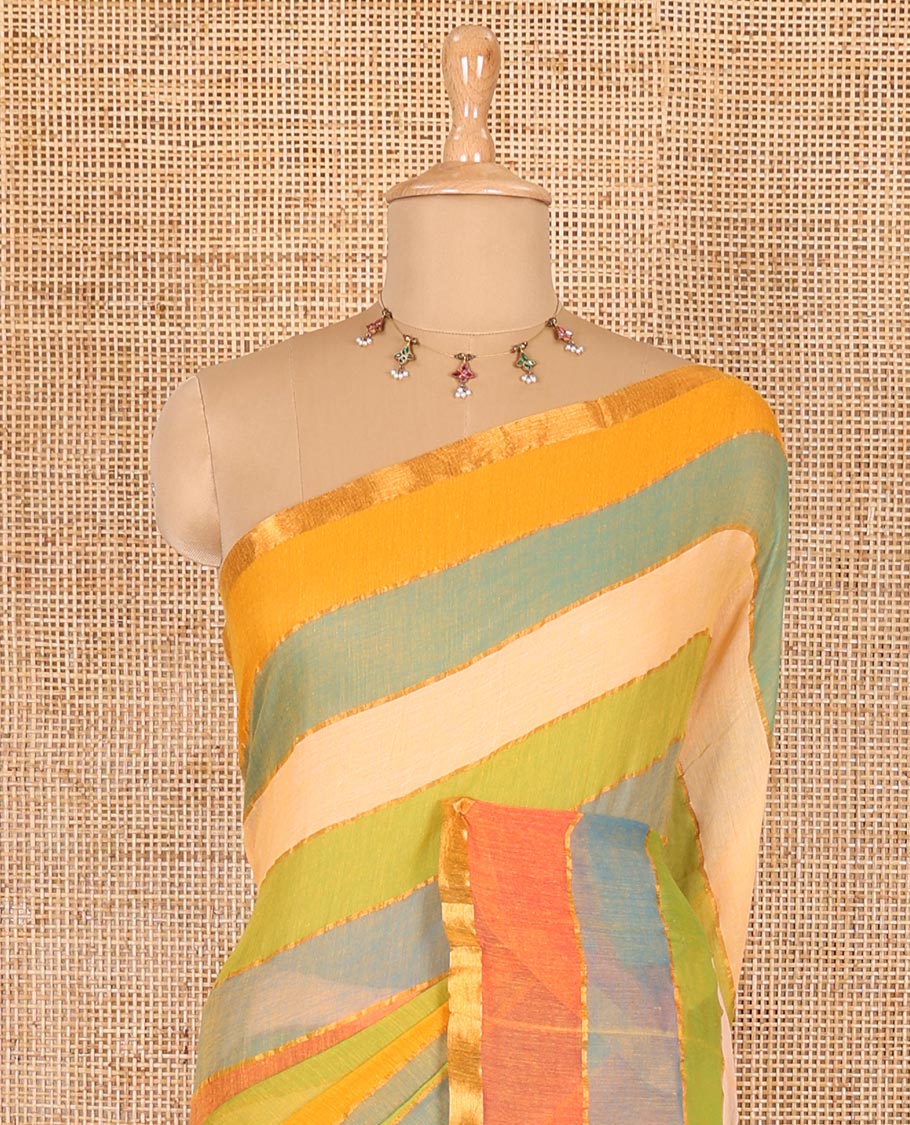 Cream rainbow-style striped Khadi mul cotton saree with piping zari border, and a matching zari striped blouse - Image 3
