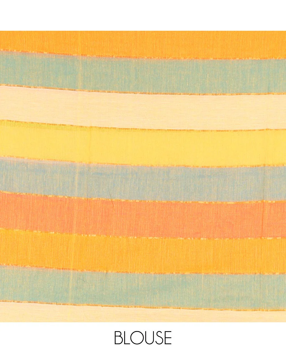 Cream rainbow-style striped Khadi mul cotton saree with piping zari border, and a matching zari striped blouse - Image 4