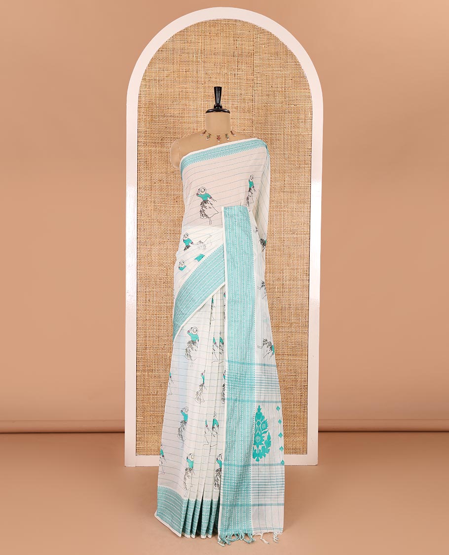 Cream-rama horizontal striped and girl motifs printed Mangalagiri cotton saree, traditional motifs woven border, printed pallu, and a contrast blouse - Image 2