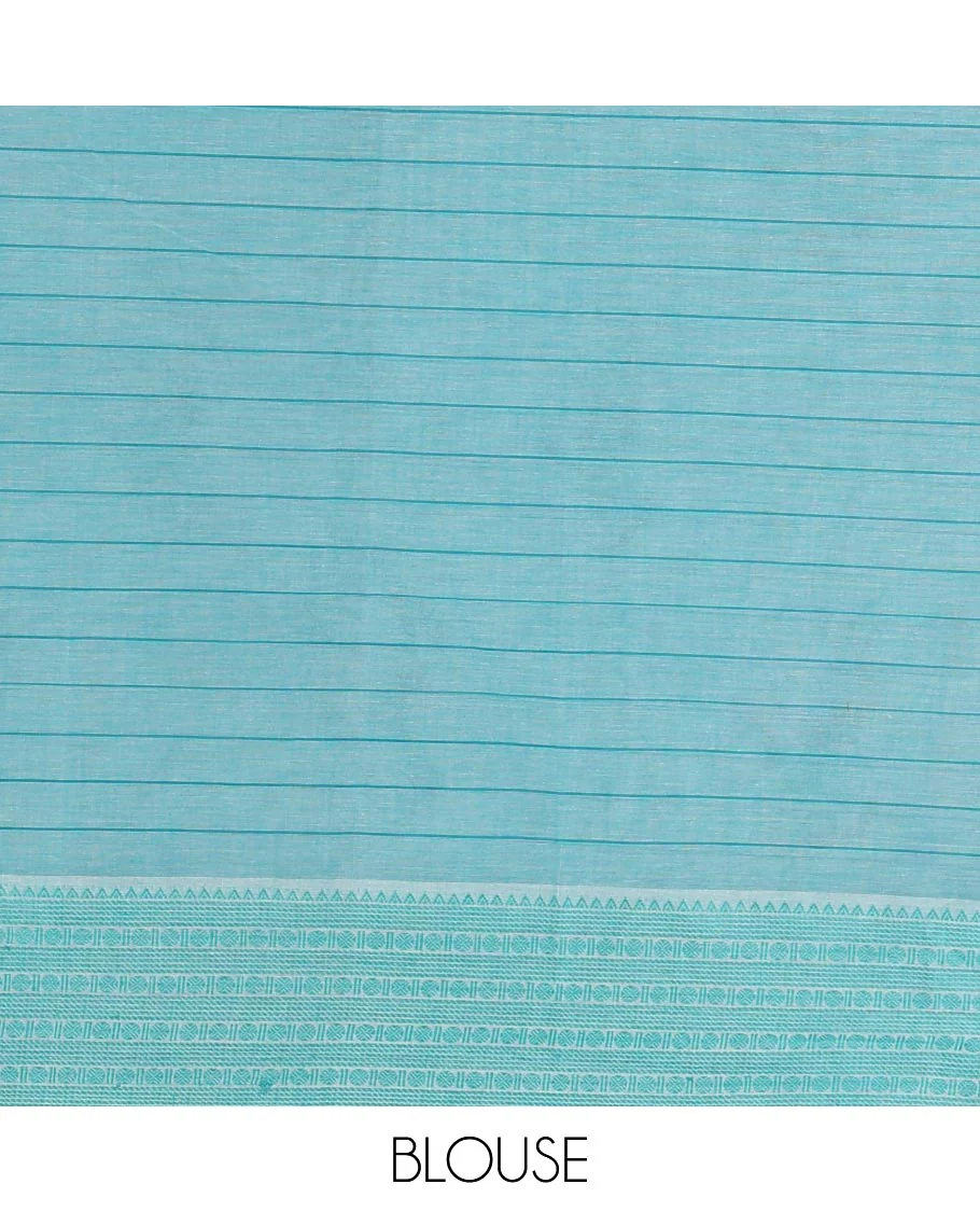 Cream-rama horizontal striped and girl motifs printed Mangalagiri cotton saree, traditional motifs woven border, printed pallu, and a contrast blouse - Image 4