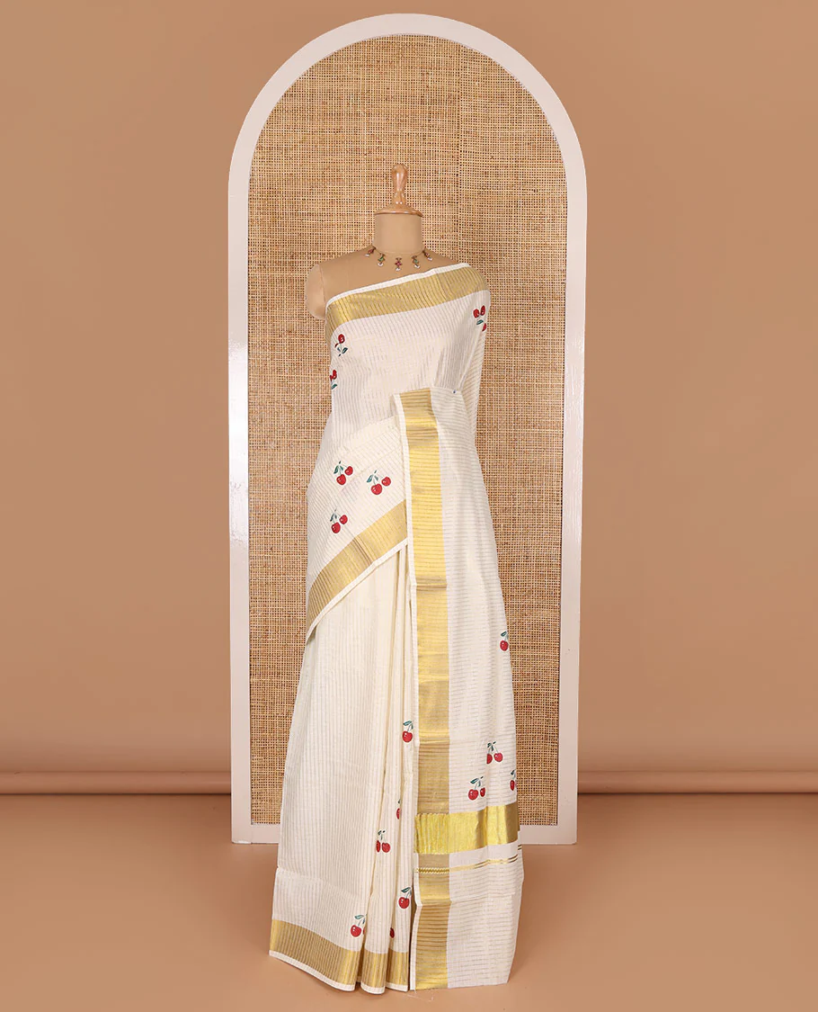 Cream-red vertically striped and cherry fruit motifs printed Kerala cotton saree with zari striped border, printed pallu, and a matching blouse - Image 2