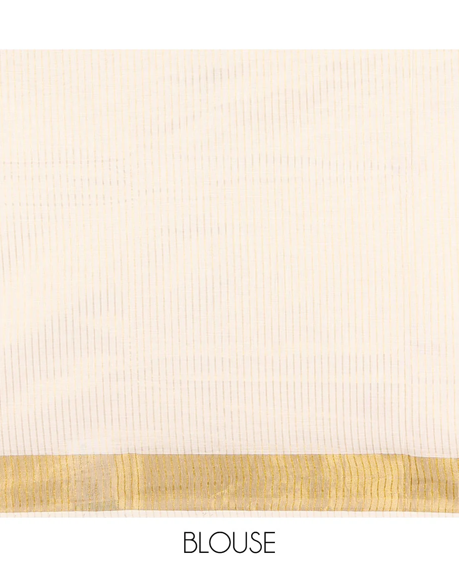 Cream-red vertically striped and cherry fruit motifs printed Kerala cotton saree with zari striped border, printed pallu, and a matching blouse - Image 4