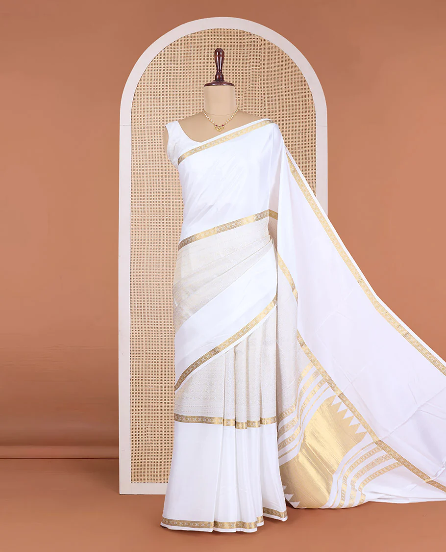 Cream round peacock chakram Mysore silk saree, traditional zari motifs woven border, and pallu of temple designs - Image 2