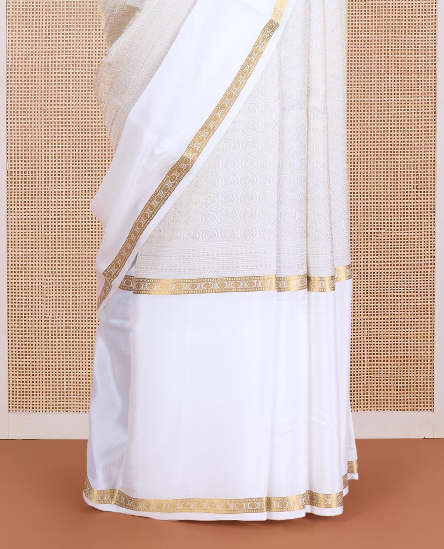 Cream round peacock chakram Mysore silk saree, traditional zari motifs woven border, and pallu of temple designs - Image 3