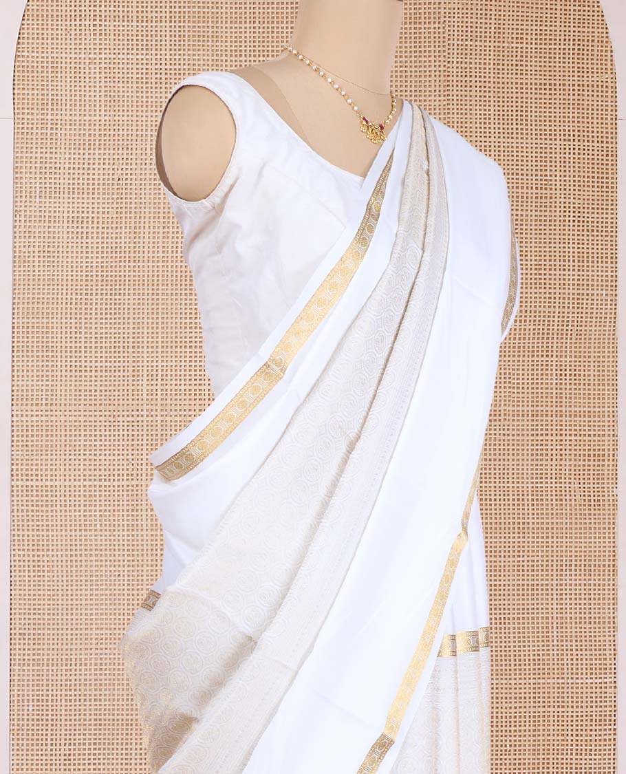 Cream round peacock chakram Mysore silk saree, traditional zari motifs woven border, and pallu of temple designs - Image 4