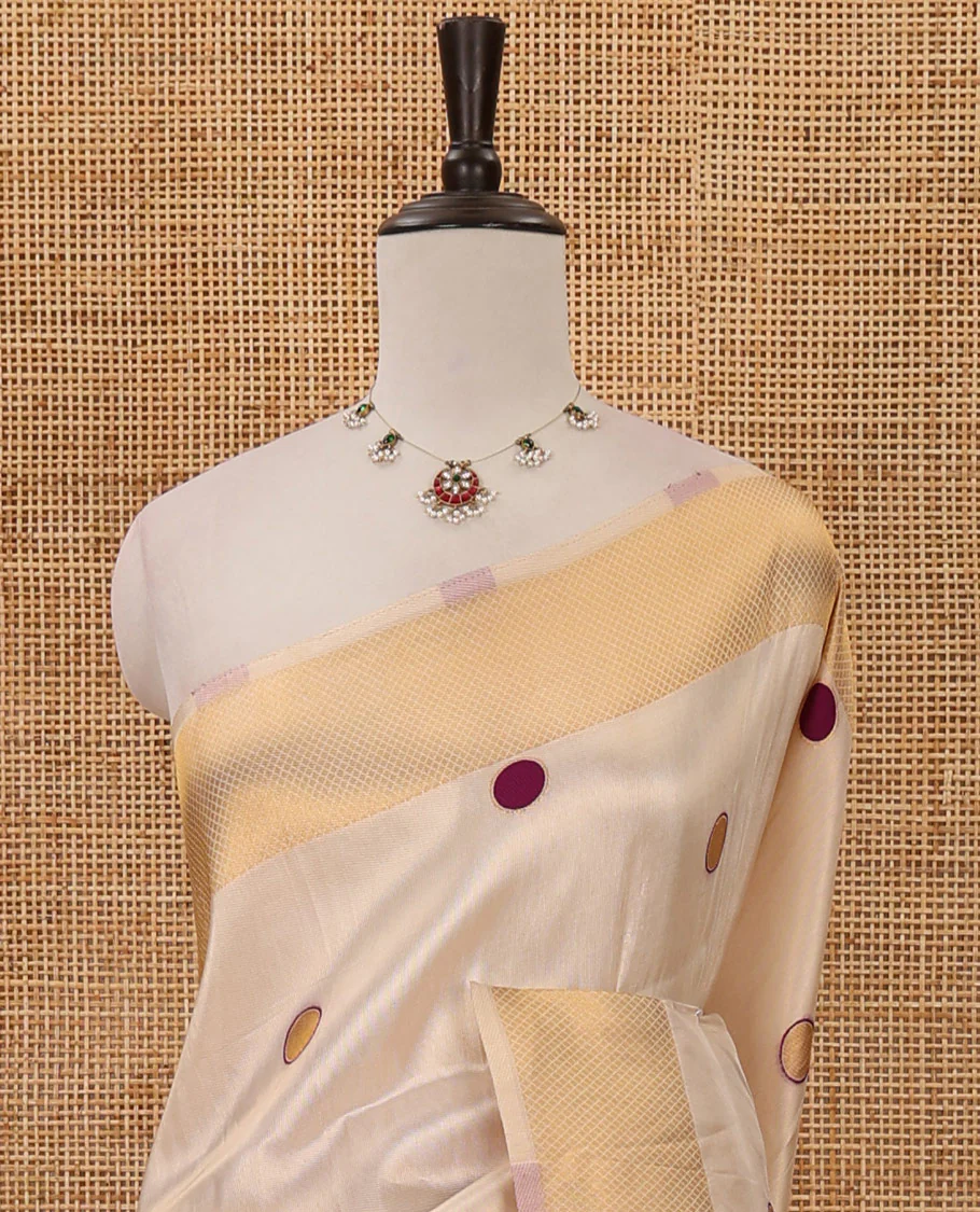 Cream small violet polka dots banarasi tissue saree, zari border, pallu of violet polka dots & running plain blouse - Image 3