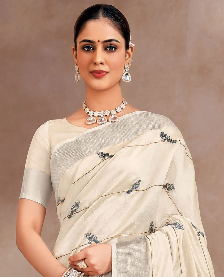 Cream sparrows on the string design embroidered designer saree, self-border and striped pallu - Image 2