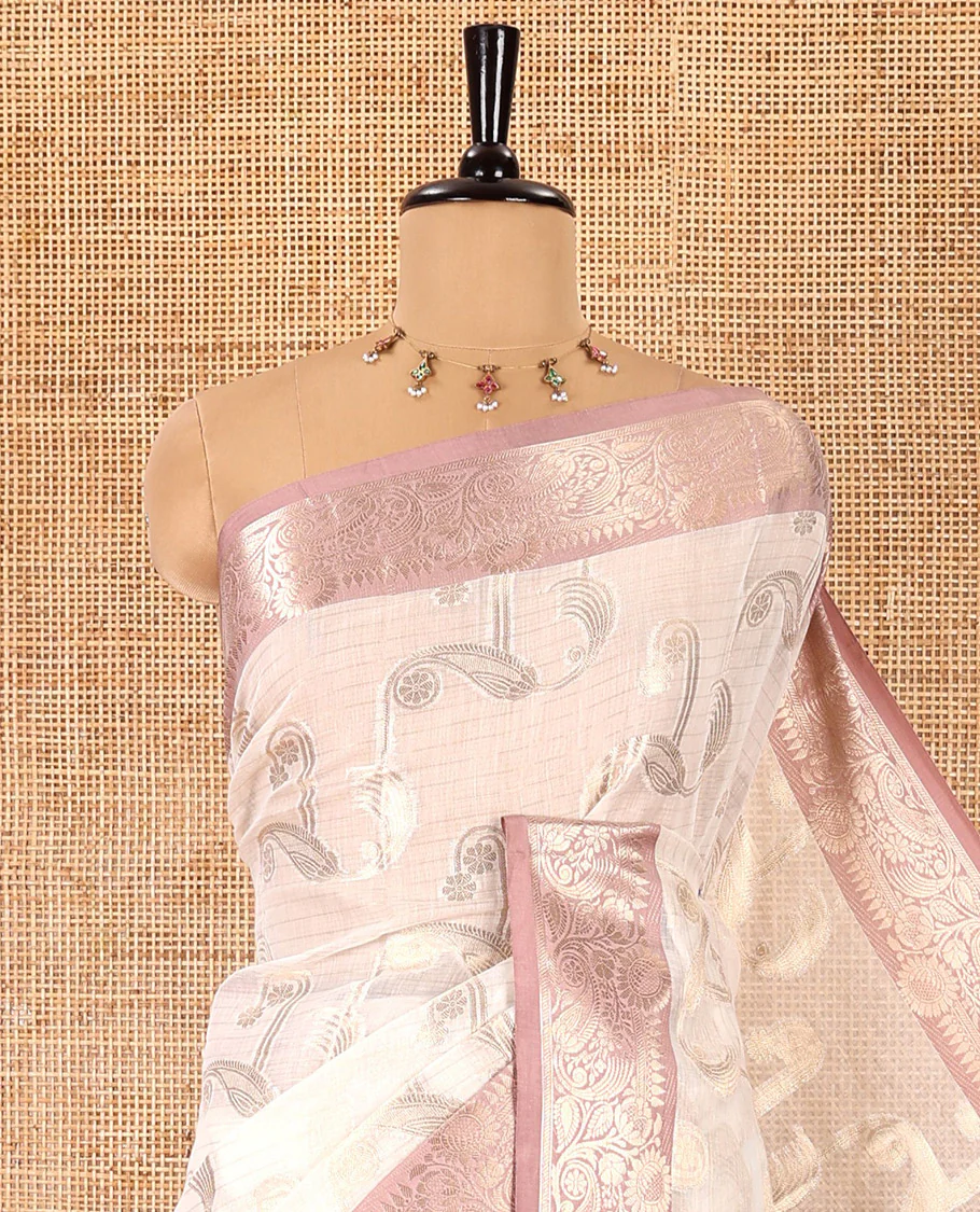 Cream stripes and paisley motifs Chanderi cotton saree, contrast floral and paisley zari border, ogee patterned pallu, and a contrast jacquard blouse - Image 2