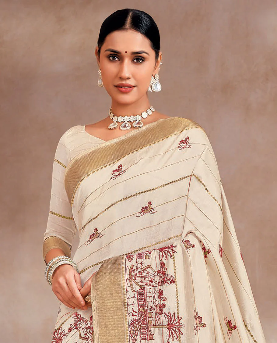 Cream swan and village theme motifs embroidered designer saree, zari border, and striped pallu - Image 2