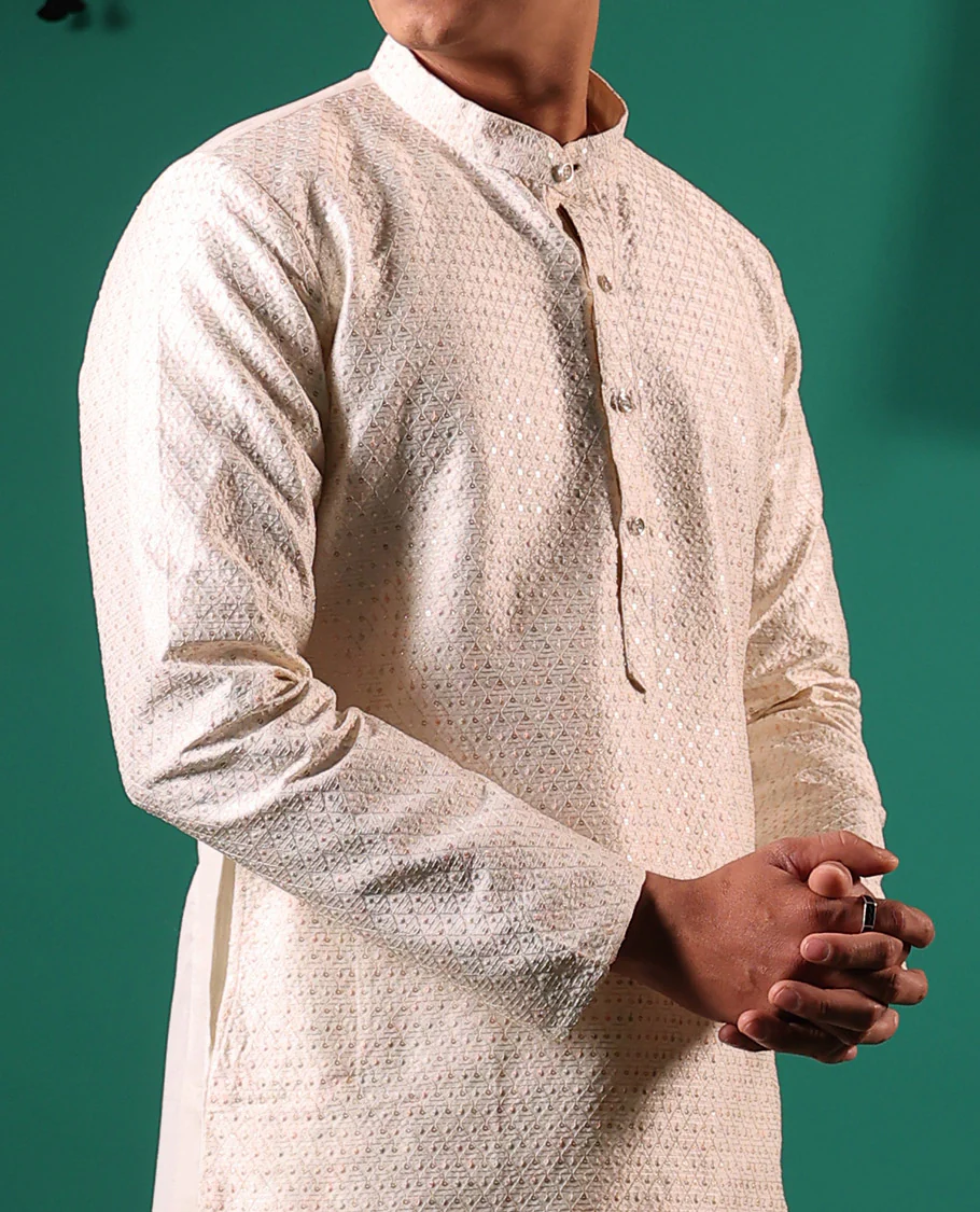 Cream thread and sequins embroidered jaal patterned full-sleeved men's kurta set - Image 4