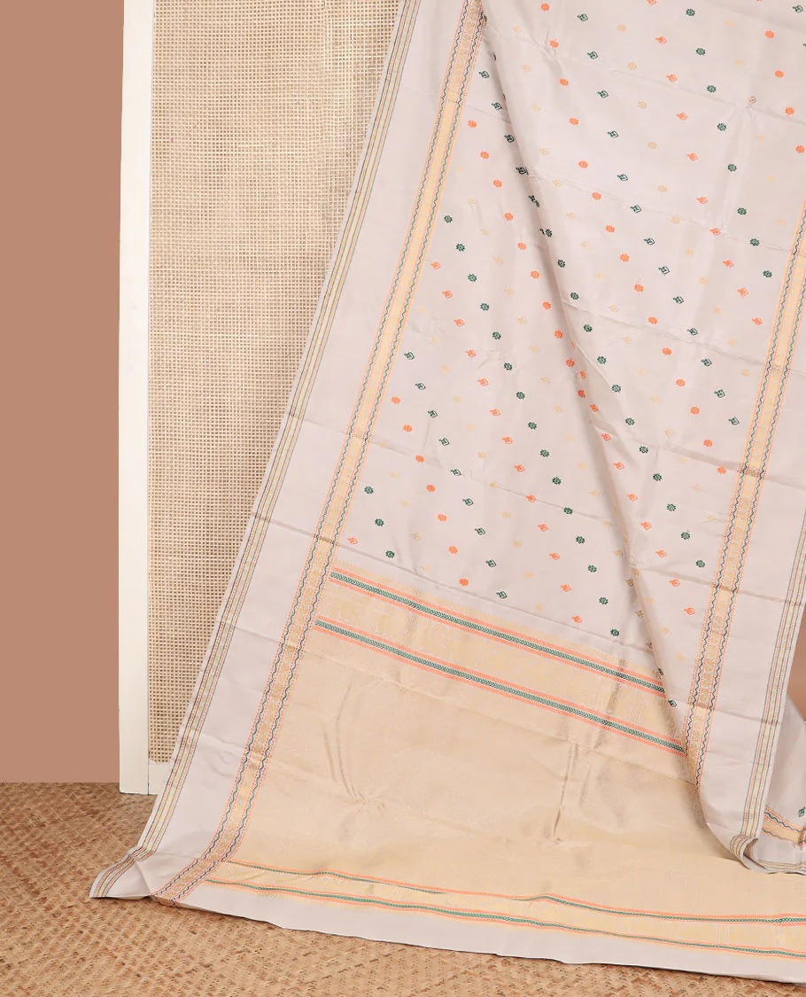 Cream thread buttas Kanchipuram silk saree, rettai pettu border of muthu, neli, and mayil designs, and jaal pallu - Image 3