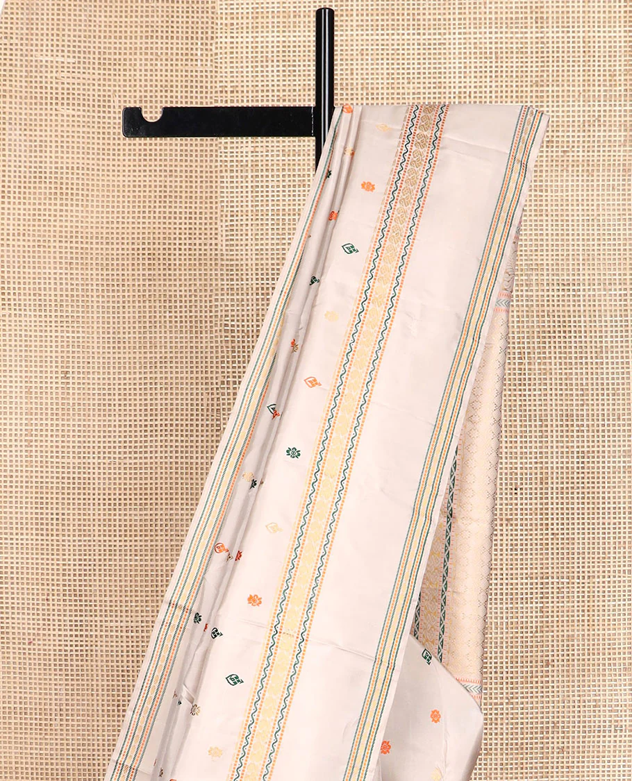 Cream thread buttas Kanchipuram silk saree, rettai pettu border of muthu, neli, and mayil designs, and jaal pallu - Image 4